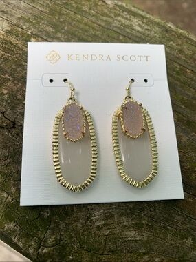 NWT Kendra Scott Pink Druzy and Gray Darby Gold Frame Earrings
